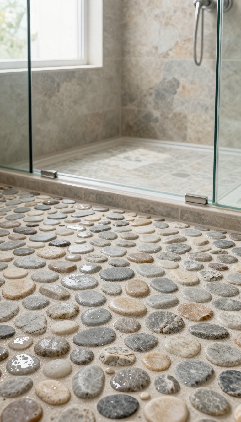 Close-up of a pebble tile shower floor with smooth stones and water droplets, in a bright spa-like bathroom.