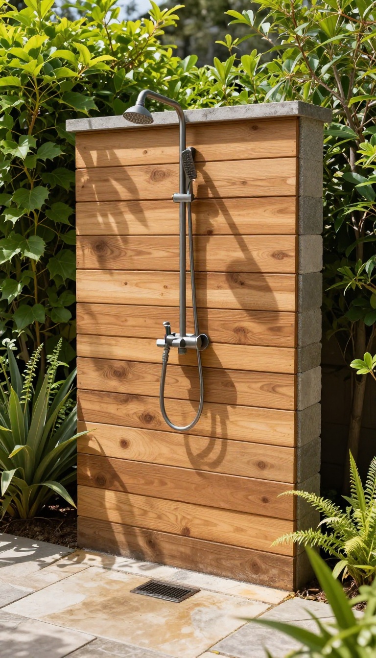 Outdoor shower made of cinder blocks and wood slats in a garden setting