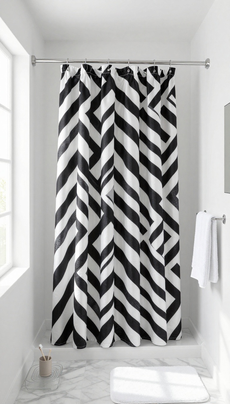 Black and white geometric shower curtain in a bright, minimal bathroom