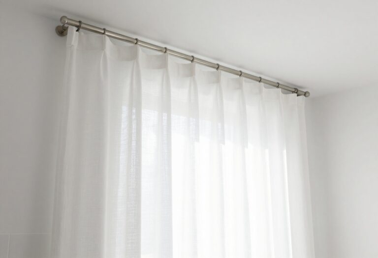 Modern bathroom with a ceiling-mounted shower curtain and clean, polished details