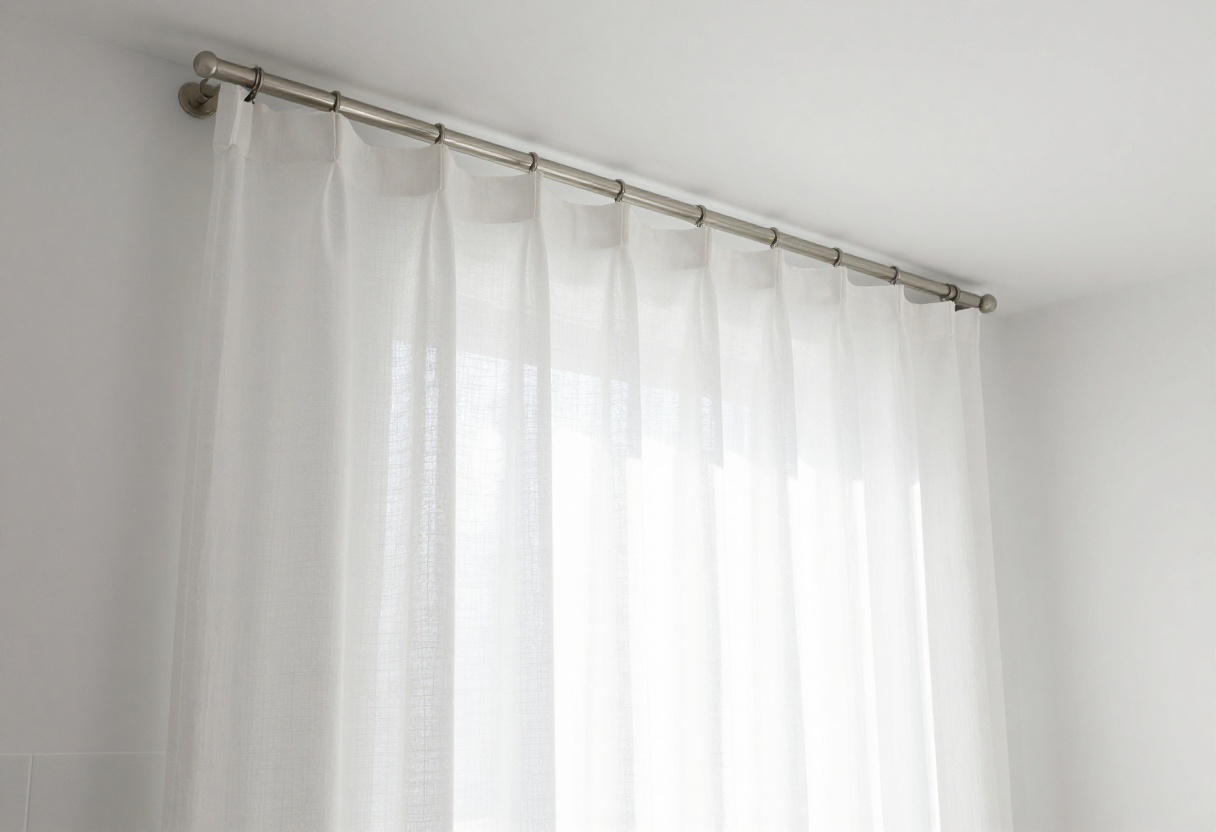 Modern bathroom with a ceiling-mounted shower curtain and clean, polished details
