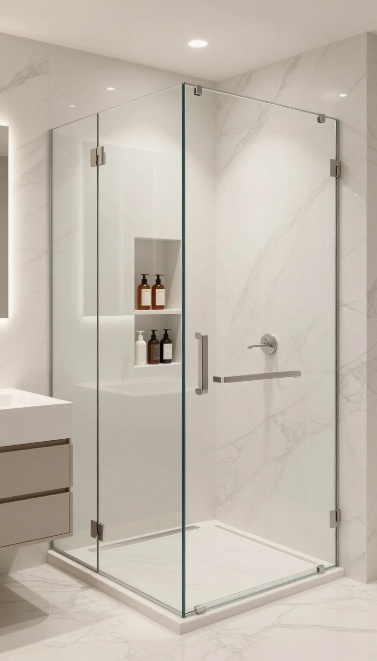 Full-height shower wall niche with tall bottles neatly arranged, elegant bathroom design