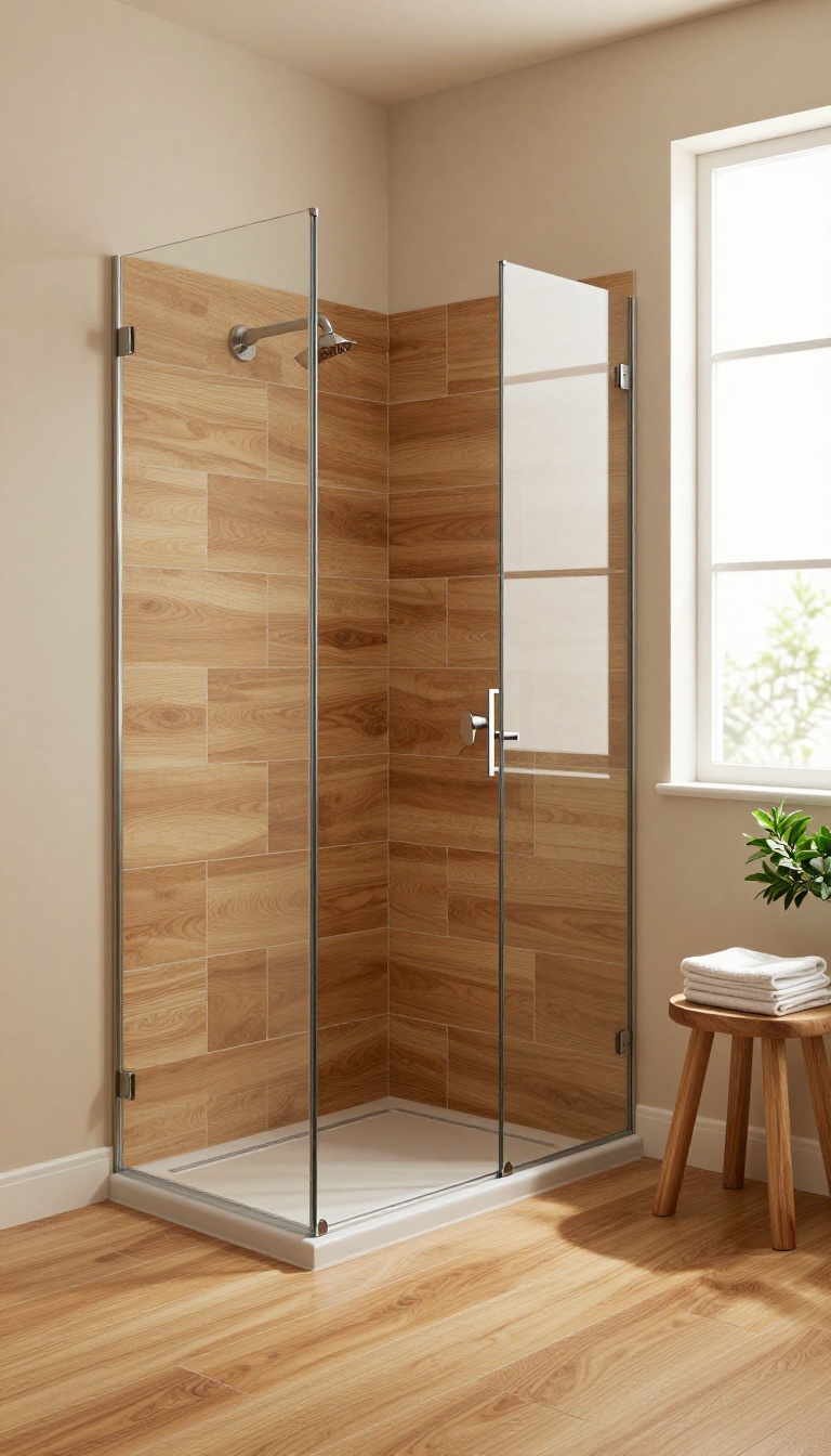 Wood-look porcelain tiles in a modern shower with a linear drain and natural light