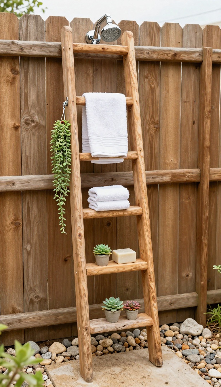 Outdoor shower made from a repurposed wooden ladder with towels and plants