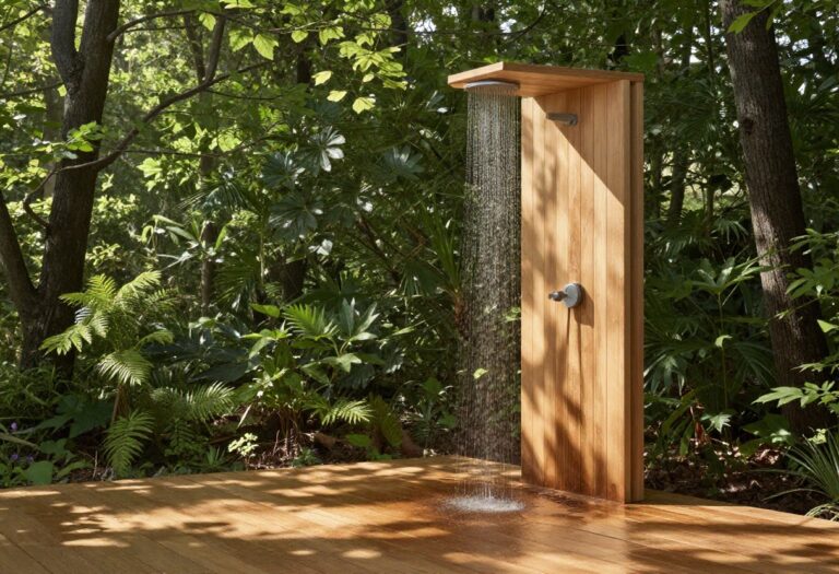 Refined off-grid outdoor shower with cedar enclosure and rainfall showerhead in a forest setting