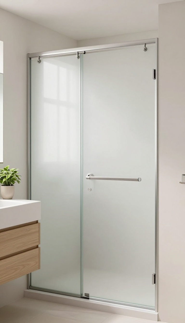 Minimalist bathroom with a frosted sliding glass shower door, showcasing a sleek track and soft diffused light.