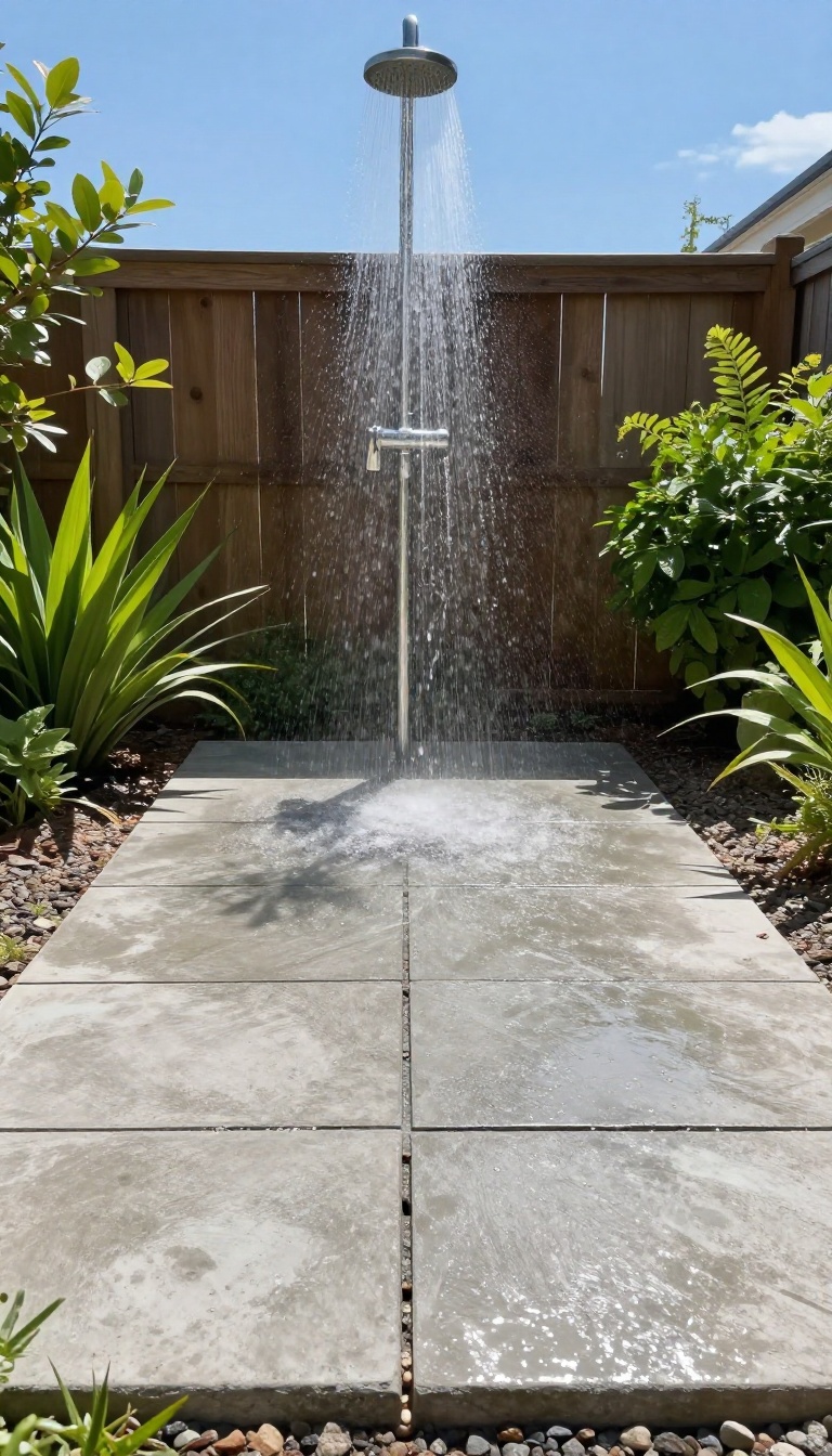 Outdoor shower with concrete paver floor and gaps for drainage, surrounded by greenery
