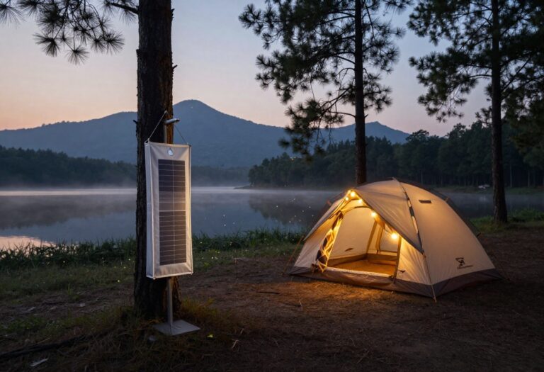 Modern camping shower setup at a scenic campsite at dusk