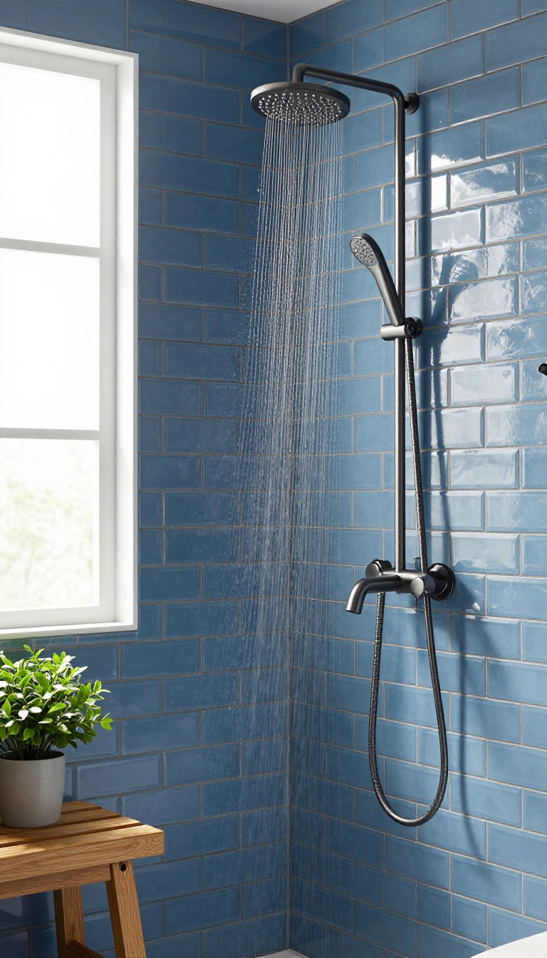 Blue subway tile shower with dark grout, brushed nickel fixtures, and teak bench in bright natural light.