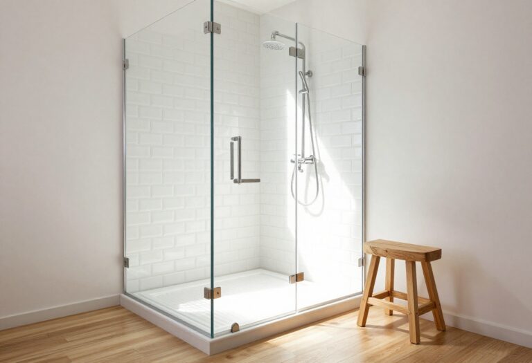 Modern shower with herringbone white subway tile and glass enclosure