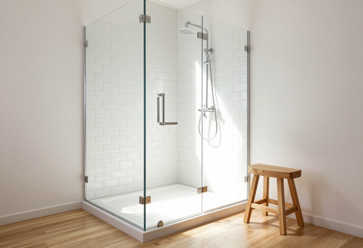 Modern shower with herringbone white subway tile and glass enclosure