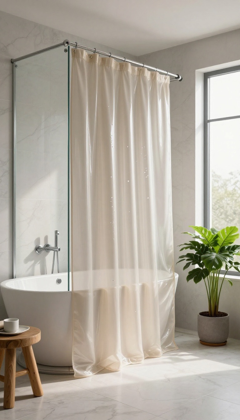Long water-repellent shower curtain in a bright modern bathroom with water beading on the fabric