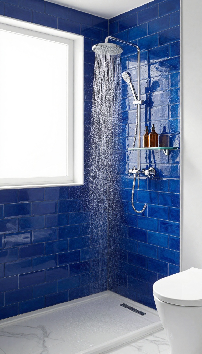 Blue glass tile shower wall with chrome fixtures and natural light
