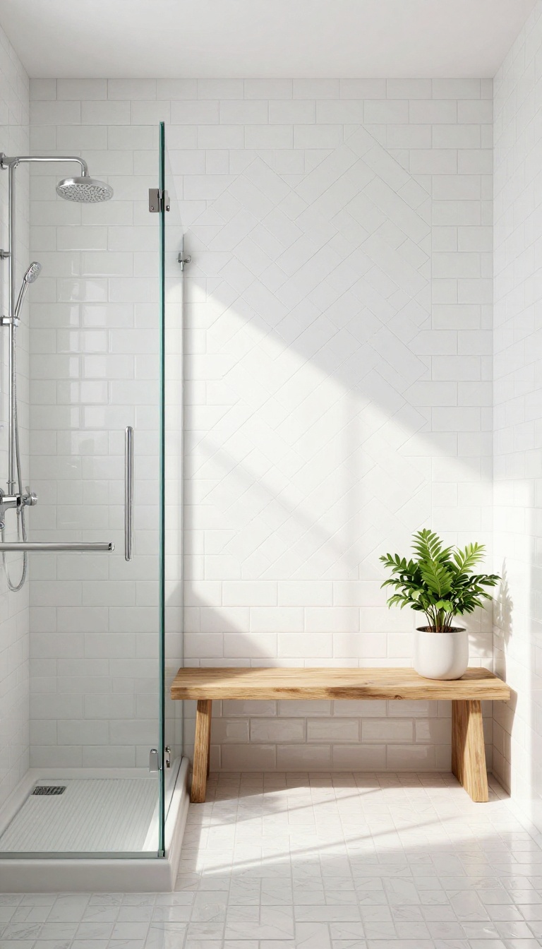 Herringbone subway tile accent wall in a bright shower with a wooden bench