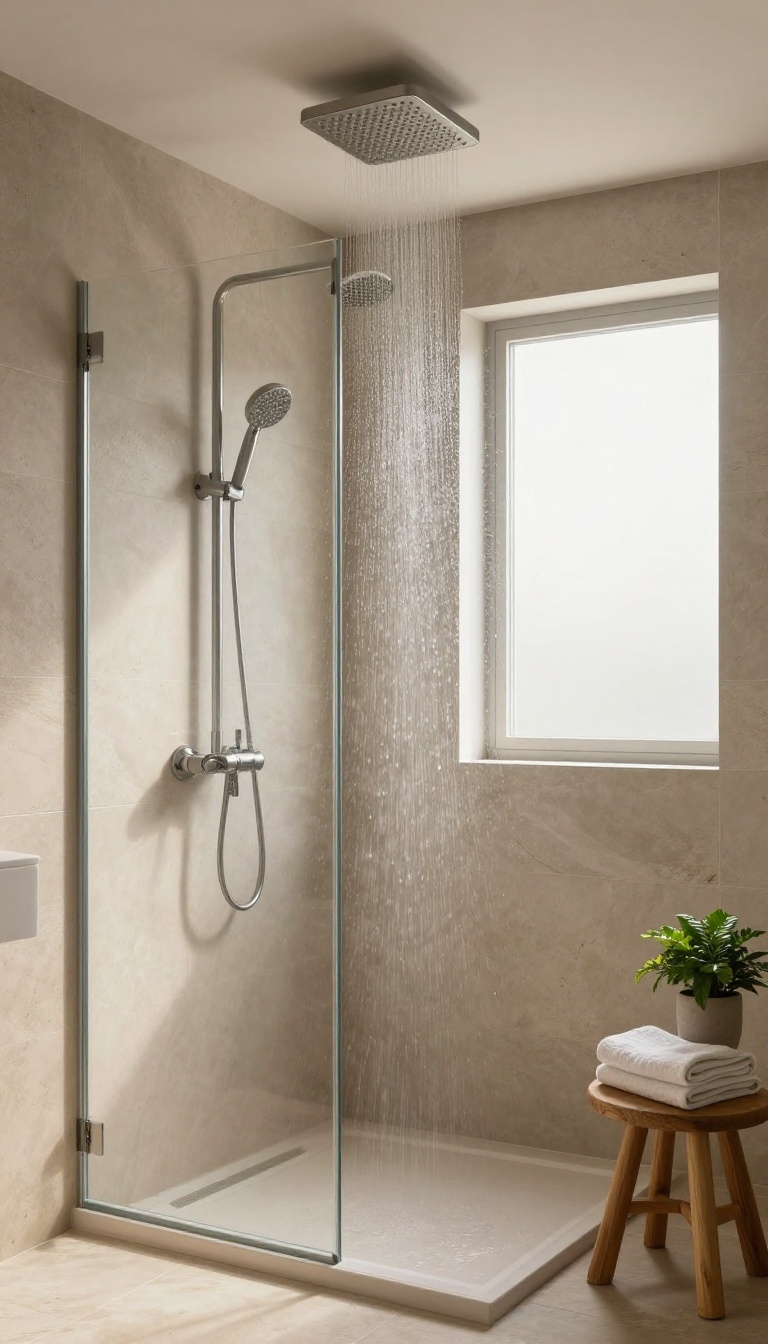 Person standing under a rainfall shower head in a modern, spa-like bathroom with natural stone tiles and soft lighting.