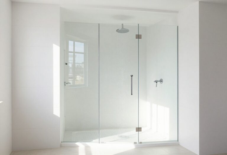 Modern bathroom shower with large white tiles and glass enclosure