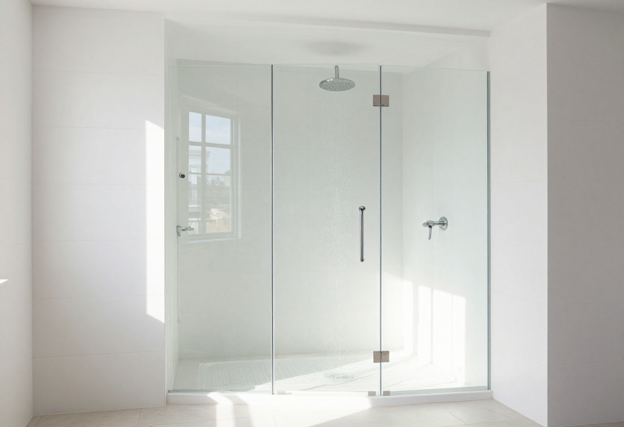 Modern bathroom shower with large white tiles and glass enclosure