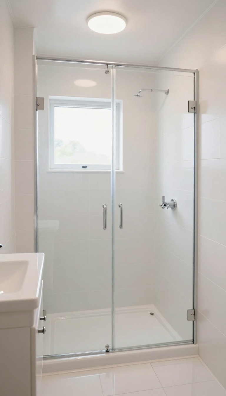 Small shower-only bathroom with light colors and high-gloss finishes, featuring glossy white tiles, a glass shower door, and bright natural light.