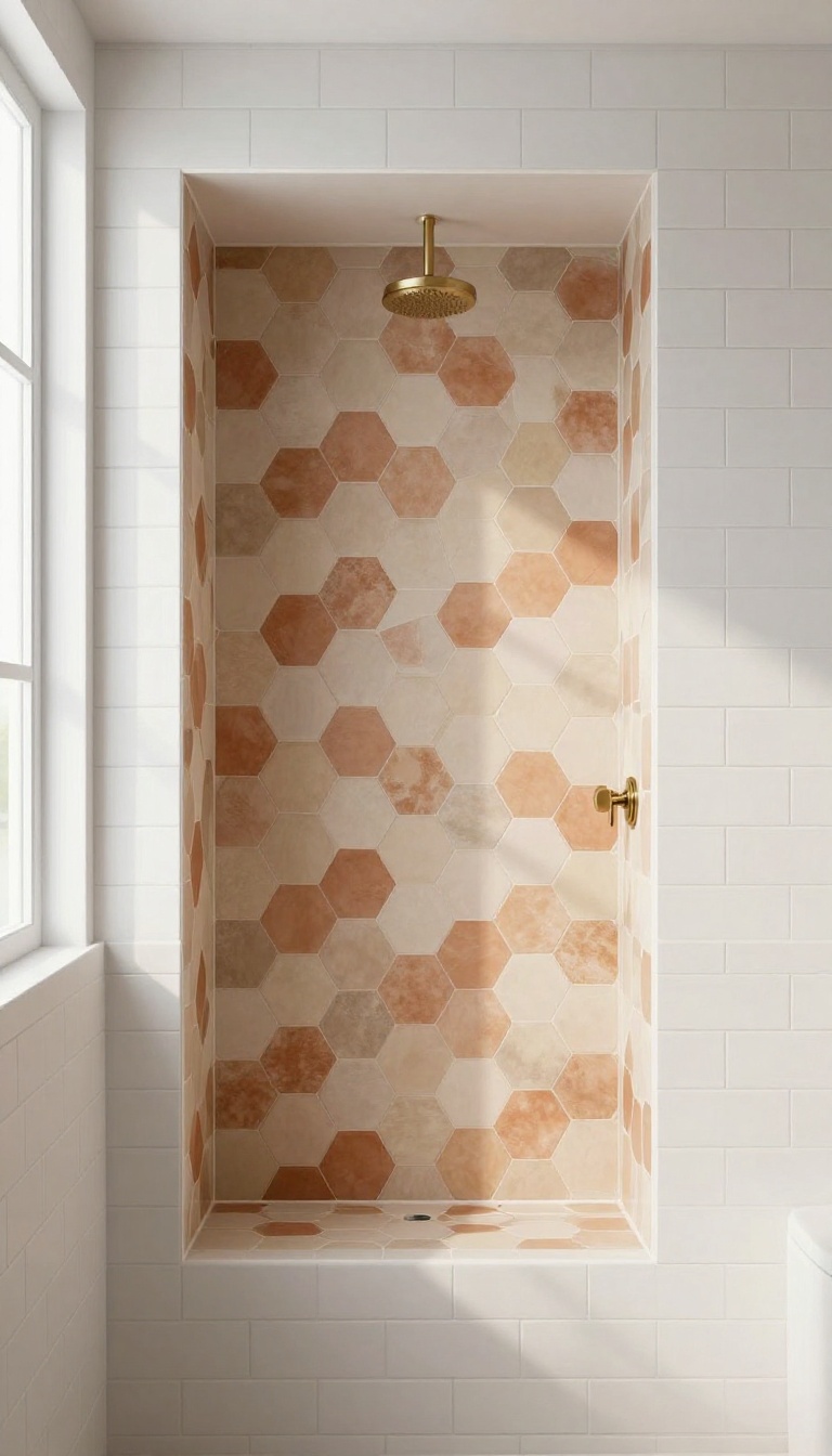 Shower niche with warm geometric hexagonal tile pattern in a modern bathroom