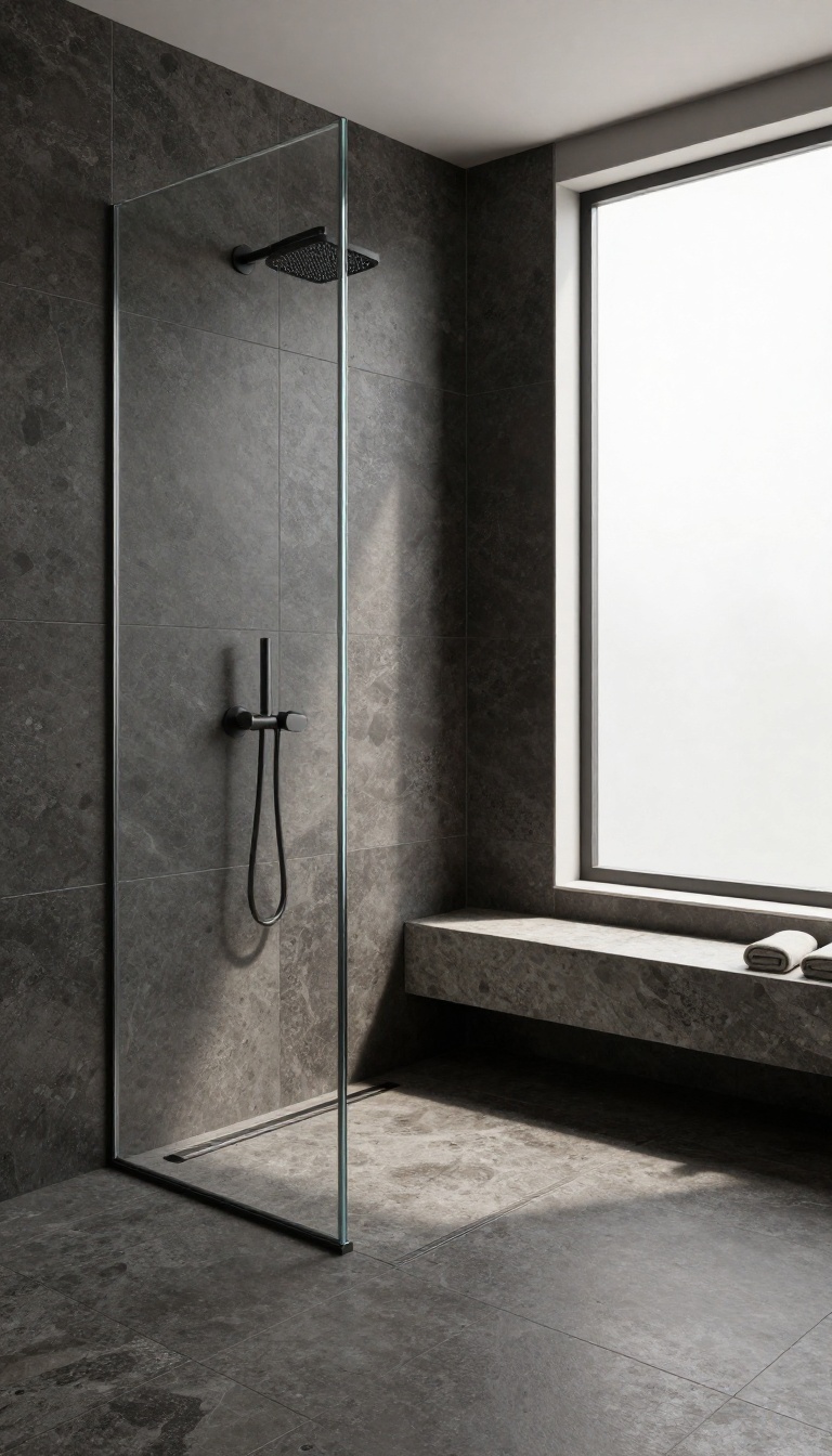 Modern shower with dark travertine tiles and matte black fixtures