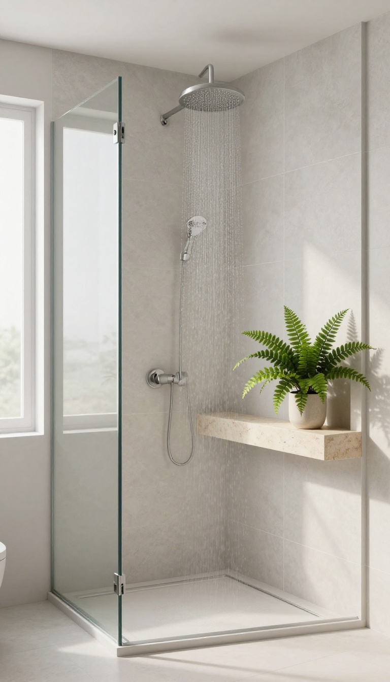 Modern bathroom shower niche with a plant shelf holding a Boston fern