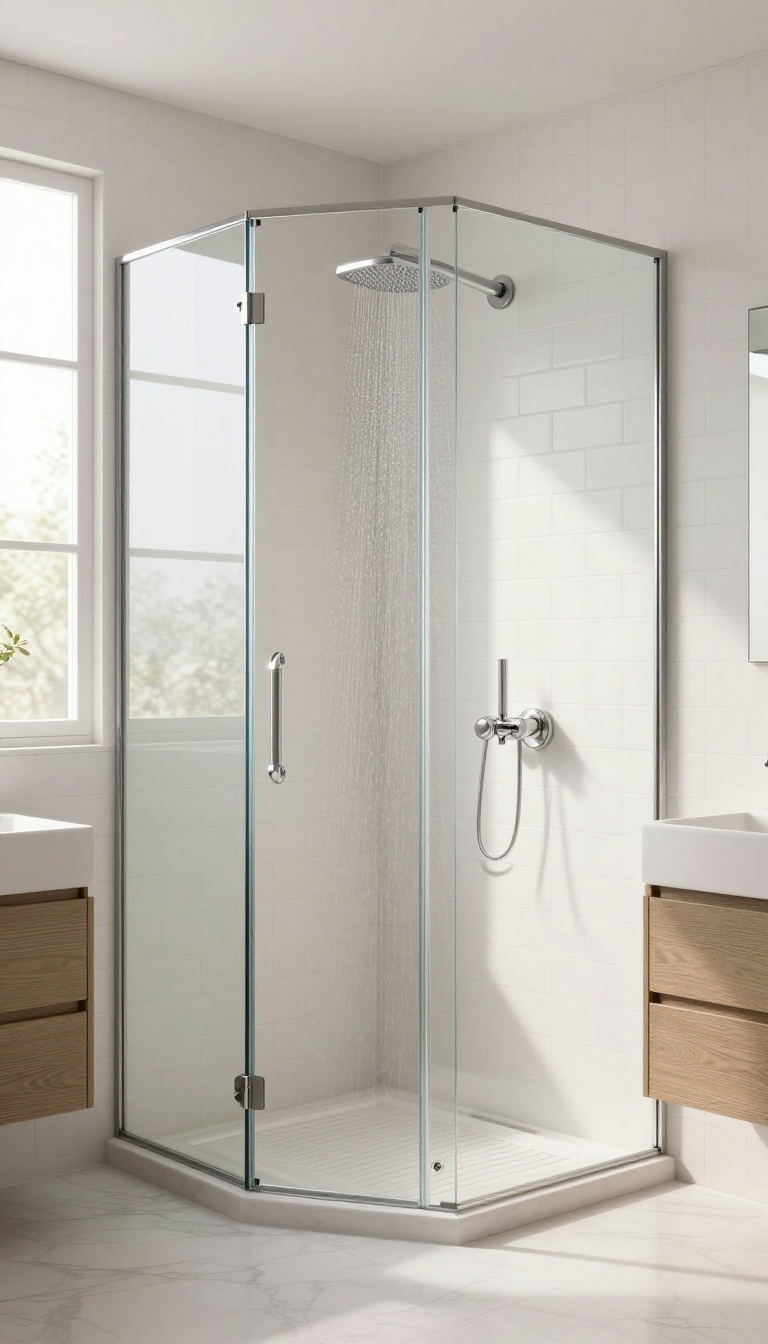 Frameless glass corner shower in a bright, modern bathroom with white tiles and natural light