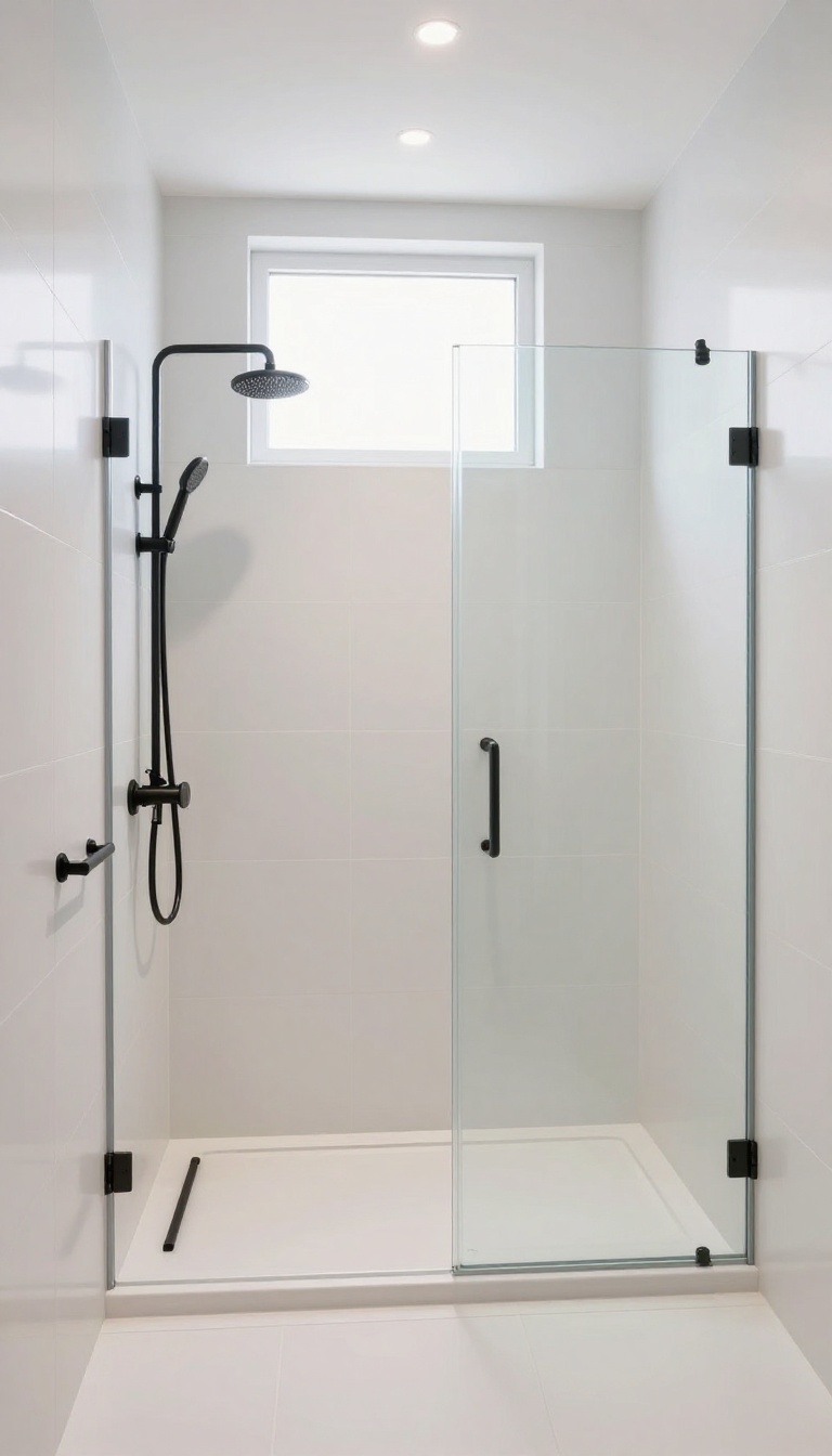 Bright bathroom shower with large glossy white tiles reflecting light, matte black fixtures, and a seamless airy look