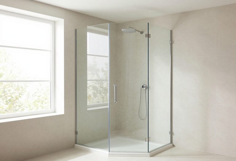 Modern corner walk-in shower with frameless glass and rainfall showerhead