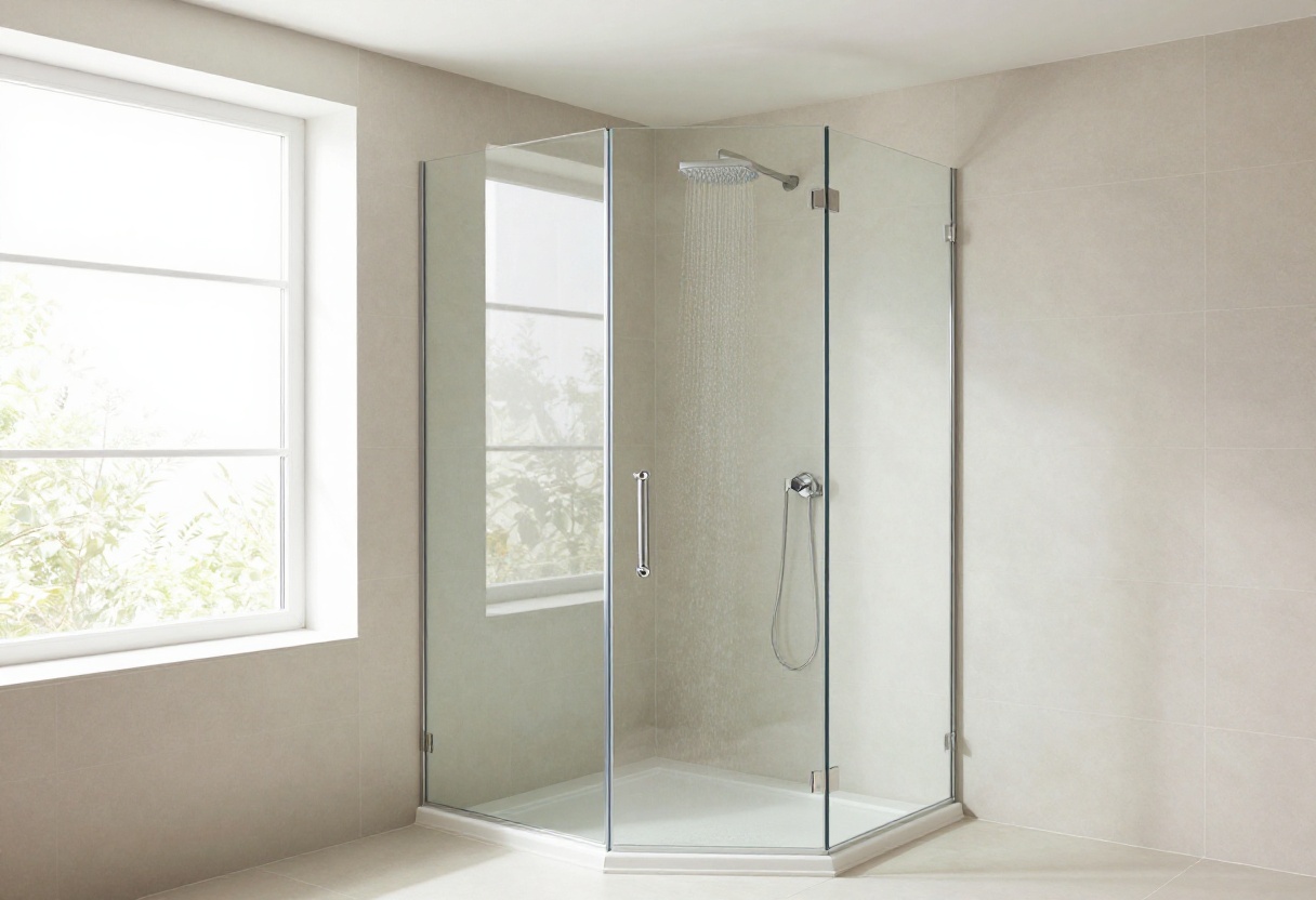 Modern corner walk-in shower with frameless glass and rainfall showerhead