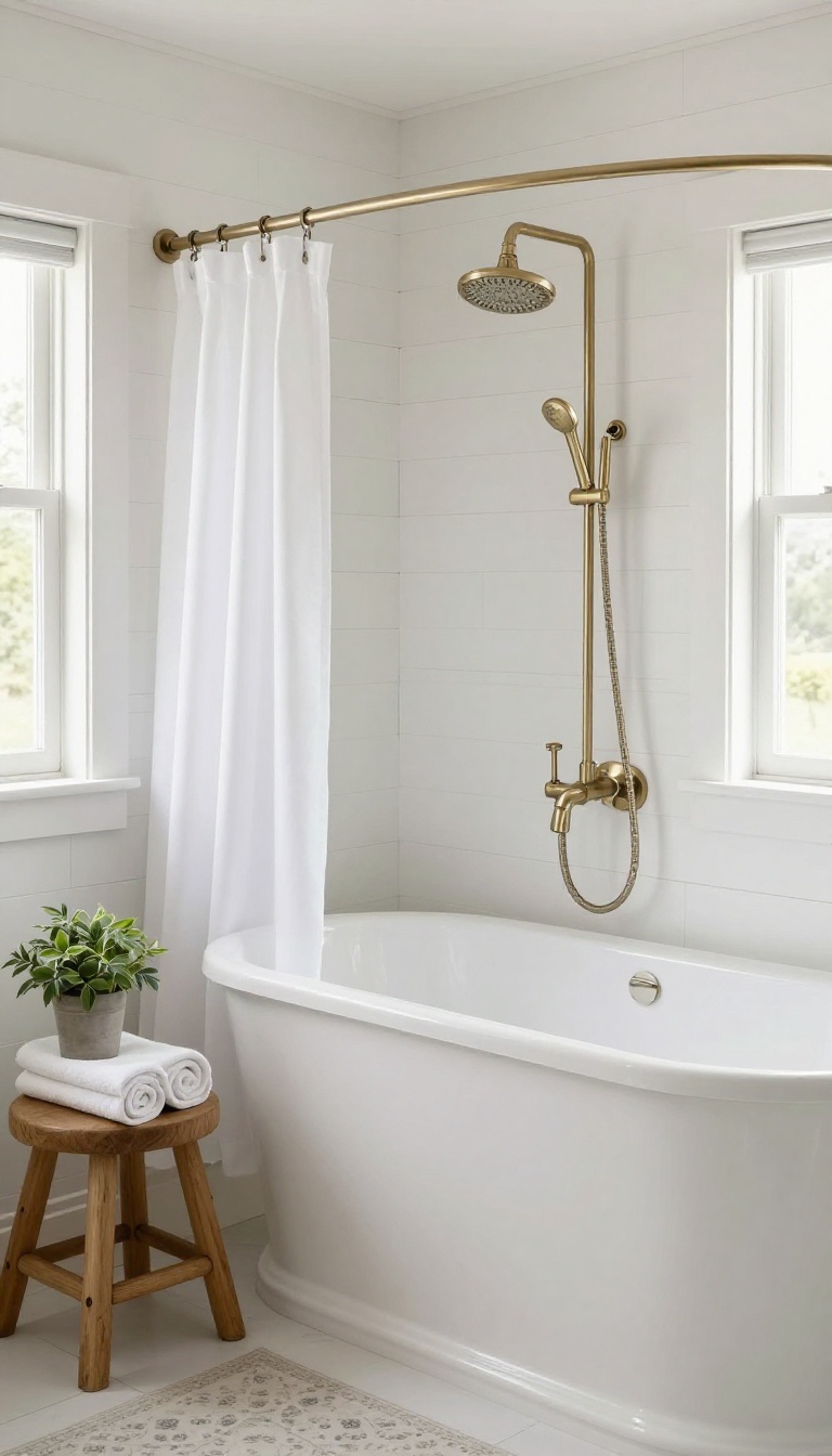 Freestanding tub with shower attachment in a farmhouse bathroom