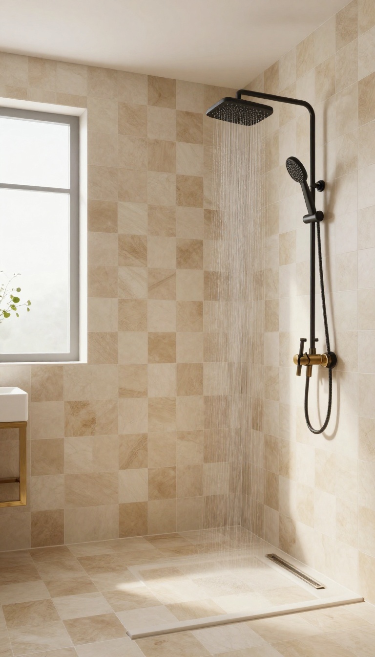 Large checkerboard tile pattern in warm beige and cream in a modern shower with brushed brass fixtures