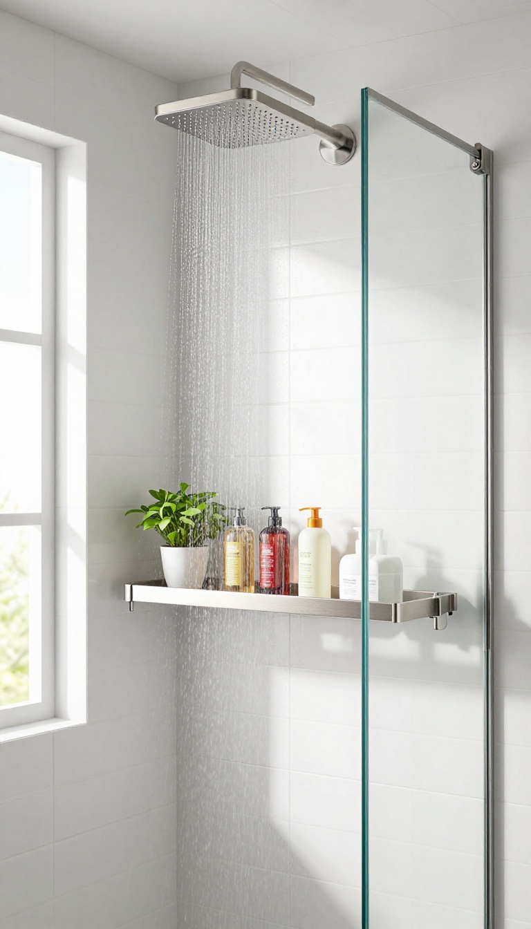 Tension pole shower shelf with multiple tiers holding toiletries in a bright modern bathroom