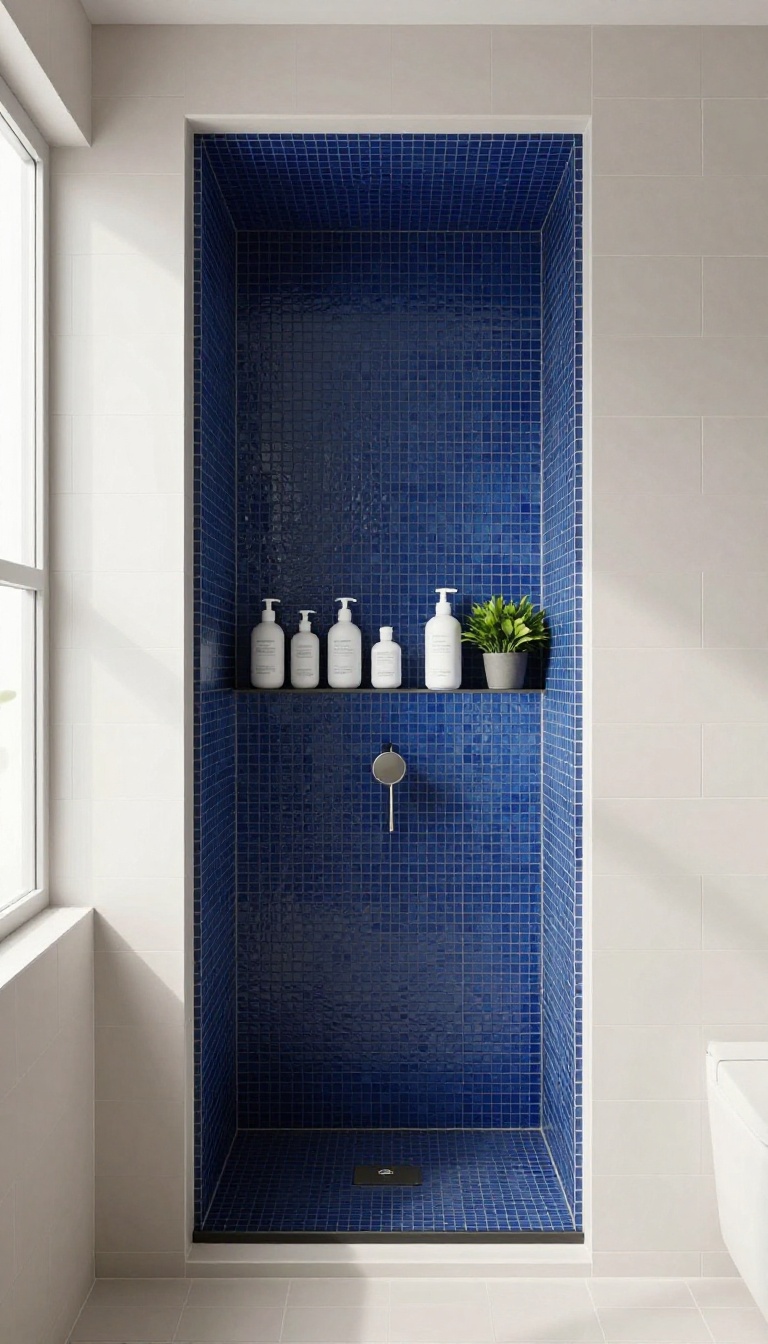 Modern bathroom shower with a contrasting dark mosaic tile niche against light subway tiles, featuring bathroom essentials and a plant
