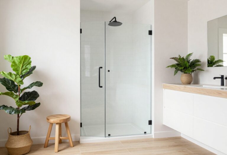 Modern farmhouse shower with matte black fixtures and wood-look tile