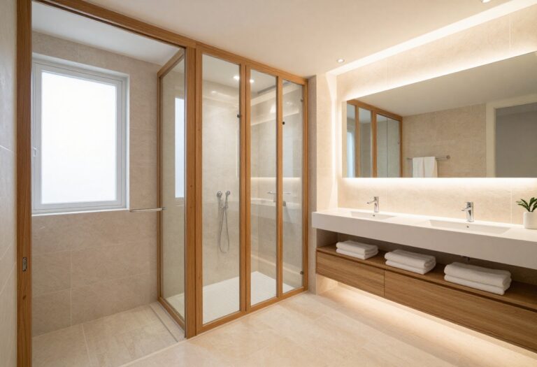 Modern bathroom with a wood-framed shower screen and warm lighting