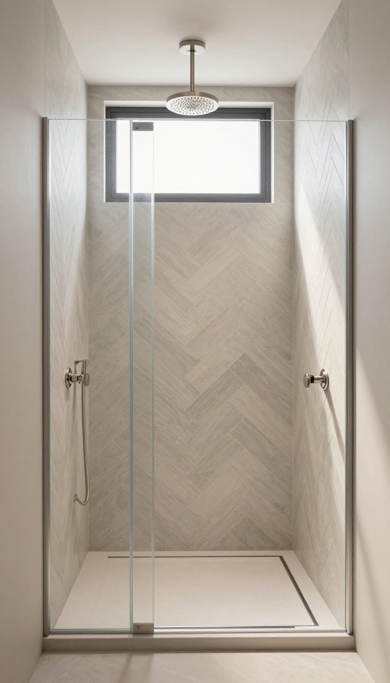 Charcoal herringbone tile shower with glass enclosure and brushed nickel fixtures