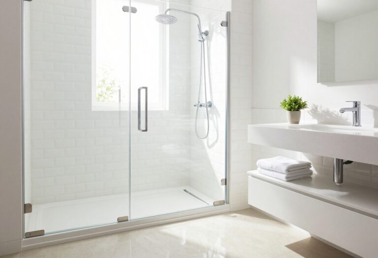 Modern bathroom with a built-in tile shower bench in the corner