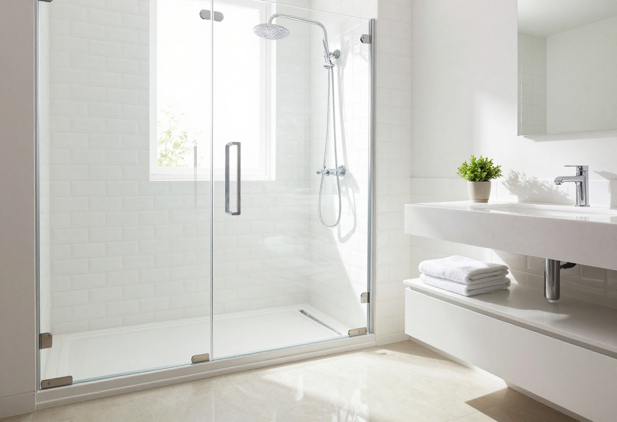 Modern bathroom with a built-in tile shower bench in the corner
