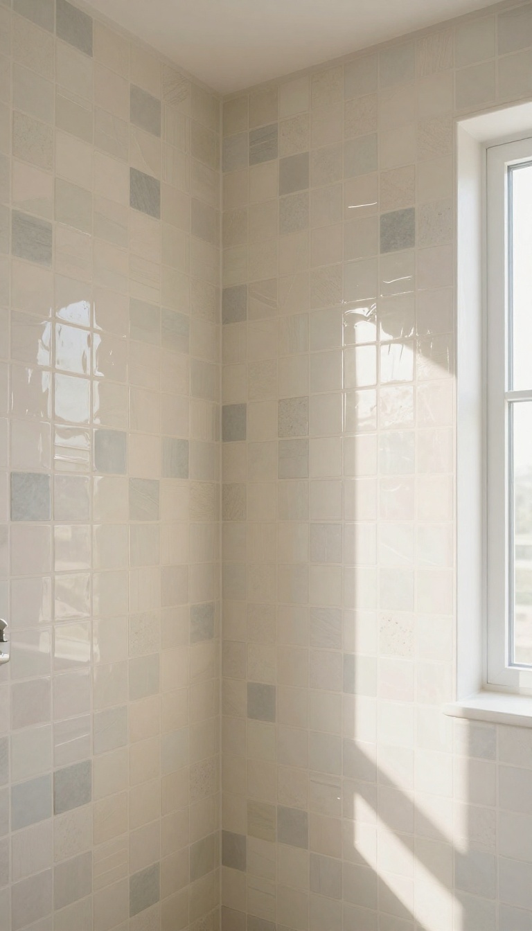 A shower with handmade Zellige tiles in cream and gray, showing natural variations and glossy texture.