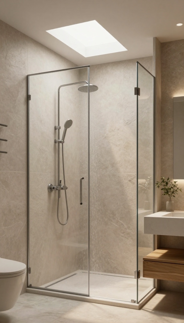 Modern bathroom with a skylight above the shower, allowing soft natural light to illuminate the space.
