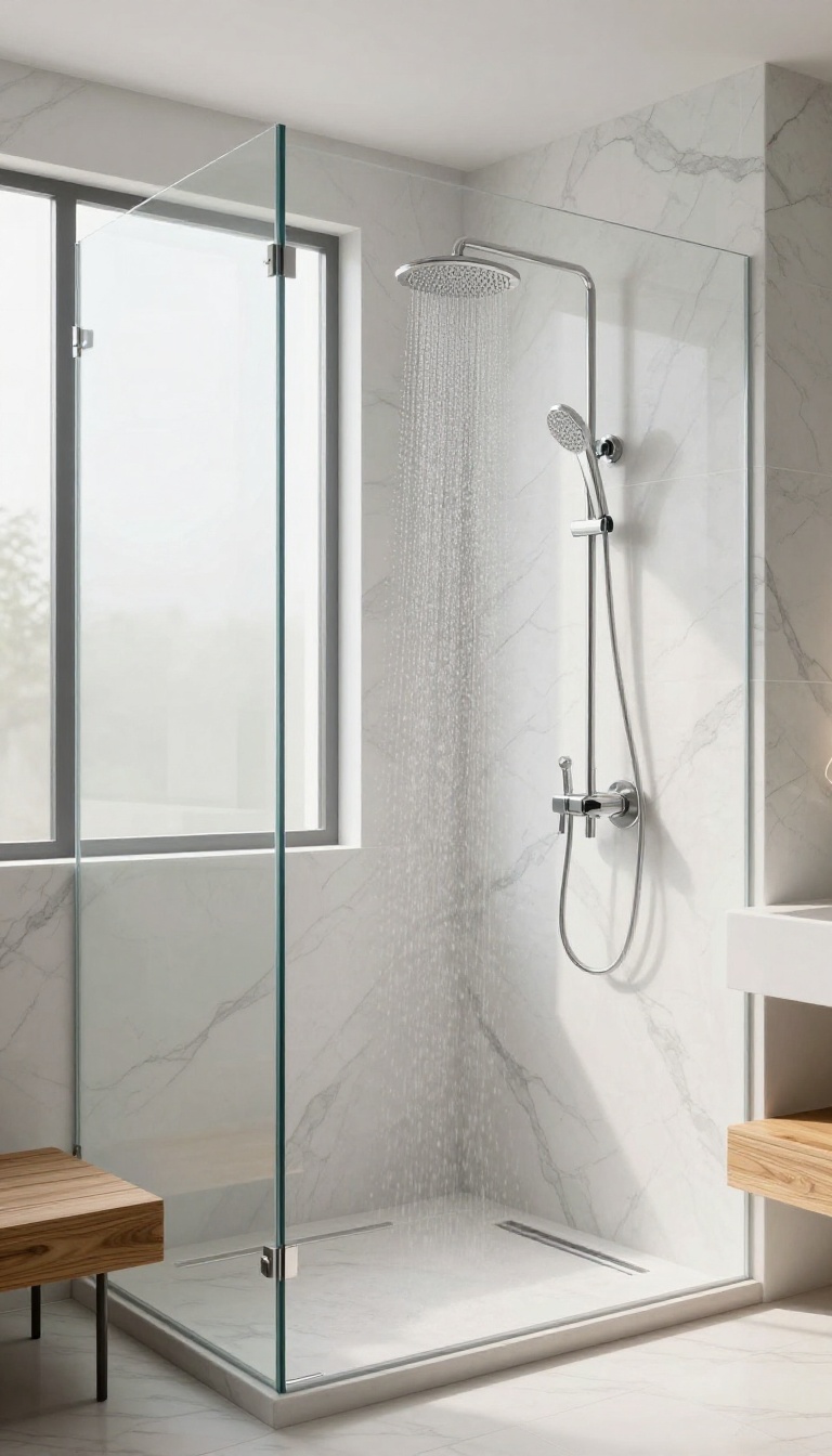 High-polish natural stone panels in a bright, spa-like shower