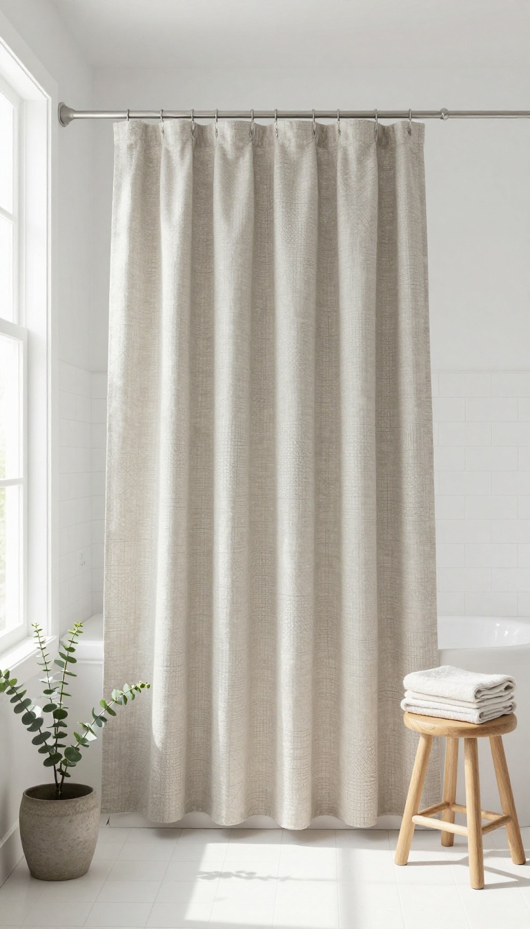 Custom sewn shower curtain in a bright bathroom with natural light, perfectly fitted and styled with decor details.