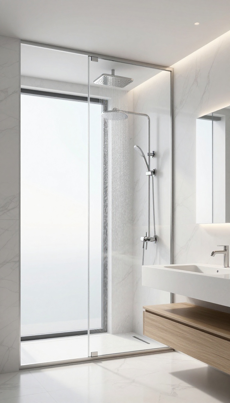 Modern bathroom with a linear ceiling-mounted shower head providing full-body rain-like coverage