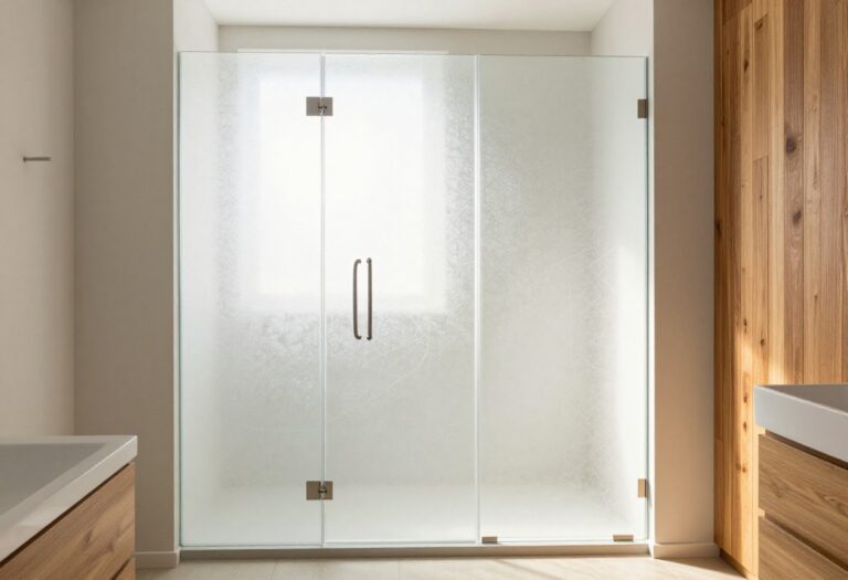 Modern bathroom with a frosted glass shower door featuring a geometric pattern and warm wood accents
