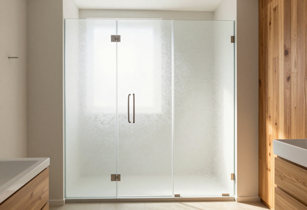 Modern bathroom with a frosted glass shower door featuring a geometric pattern and warm wood accents