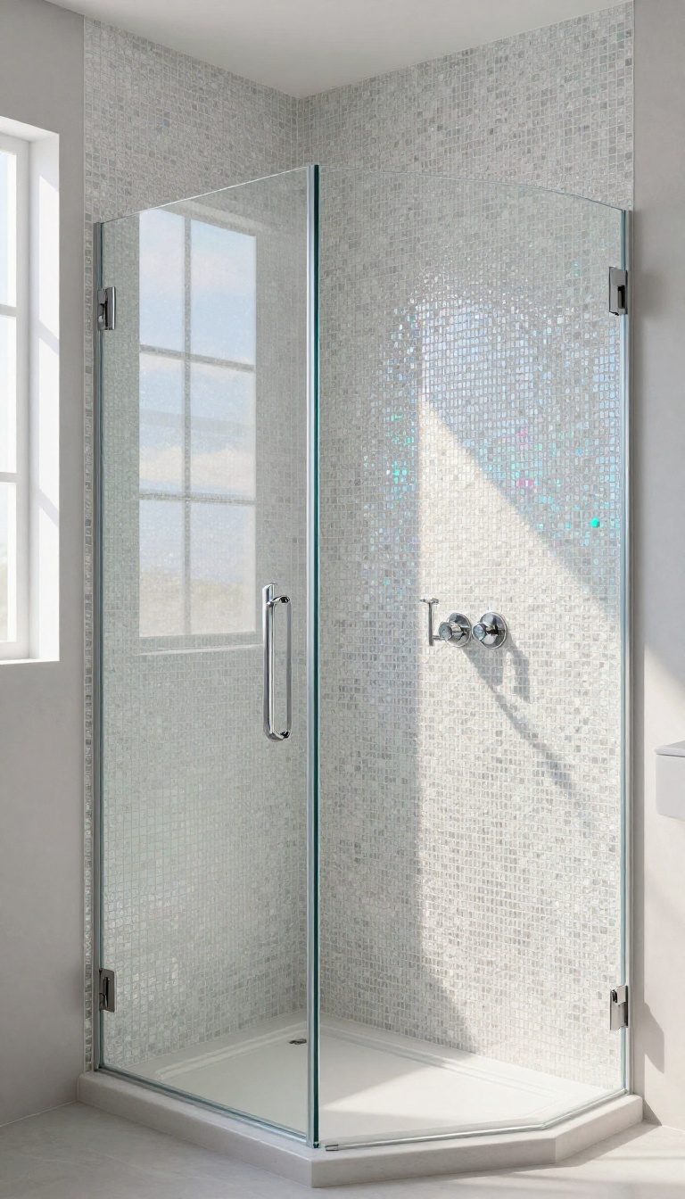 Large glossy mosaic panels on a shower wall creating a sparkling, iridescent effect in a bright bathroom