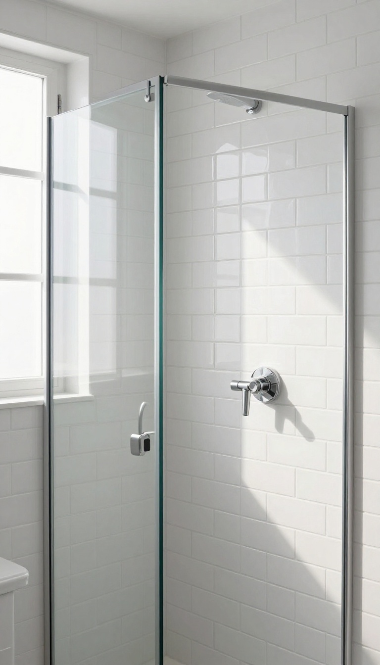 Small shower with vertically stacked white subway tiles that visually raise the ceiling