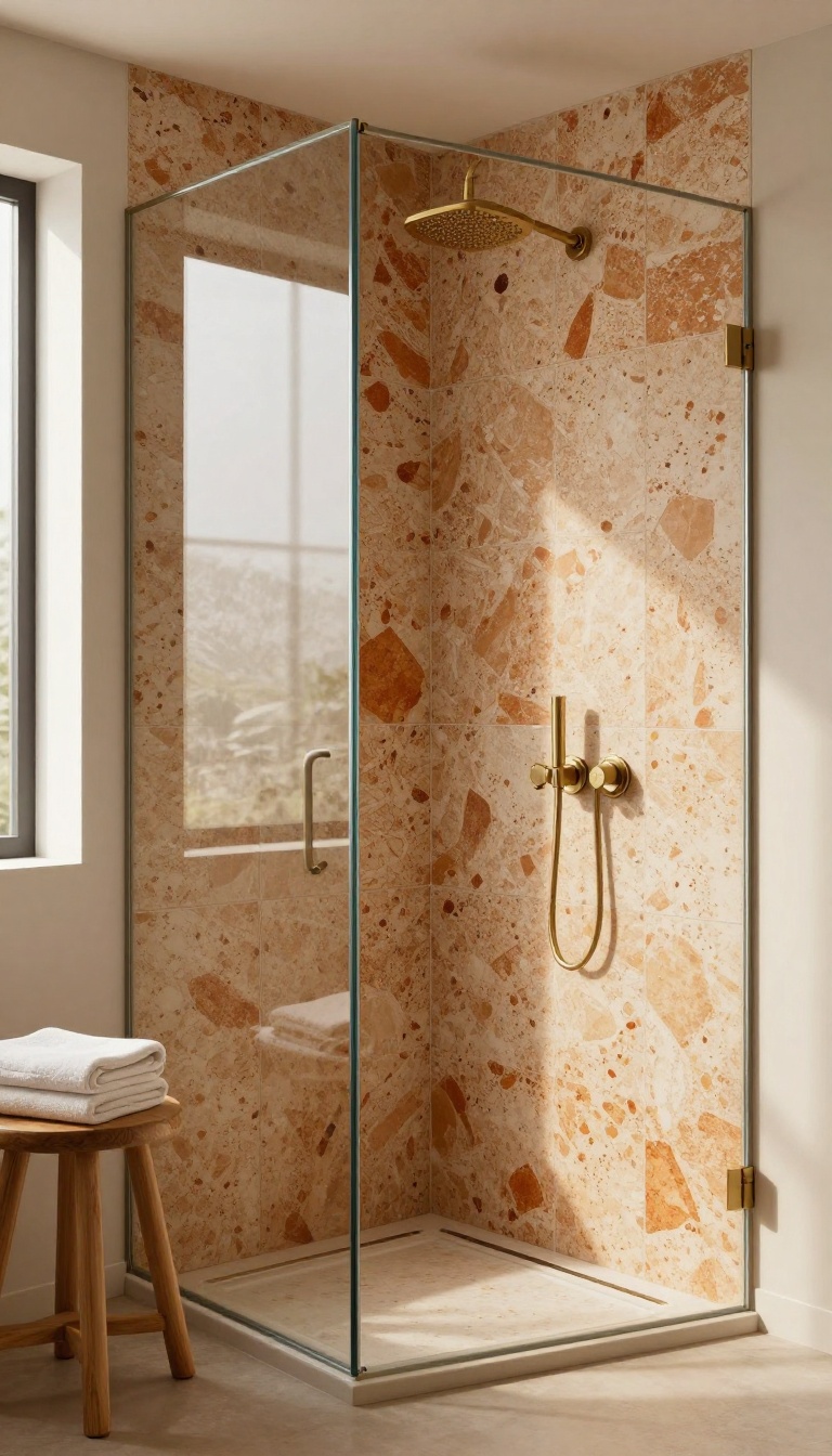 Large terrazzo tiles with warm rust, amber, and cream speckles in a bright, modern shower with brass fixtures and natural wood accents.
