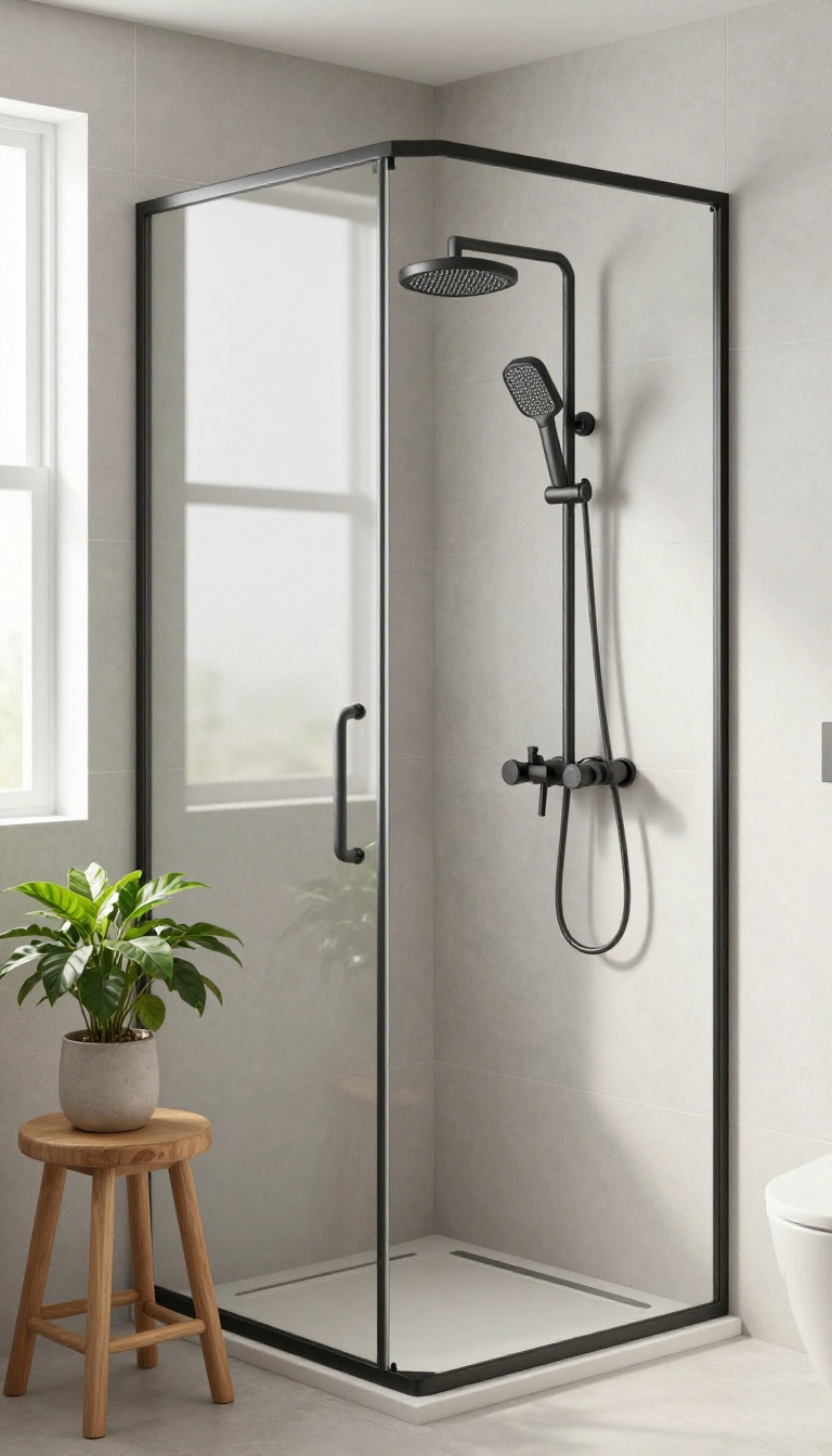 Corner-mounted double shower heads in a compact modern bathroom with matte black fixtures and natural light.
