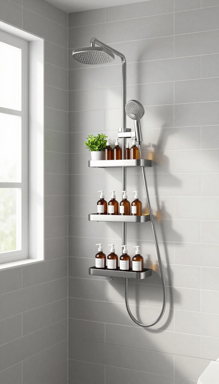 Multi-tiered shower caddy with organized bottles in a bright, modern family bathroom